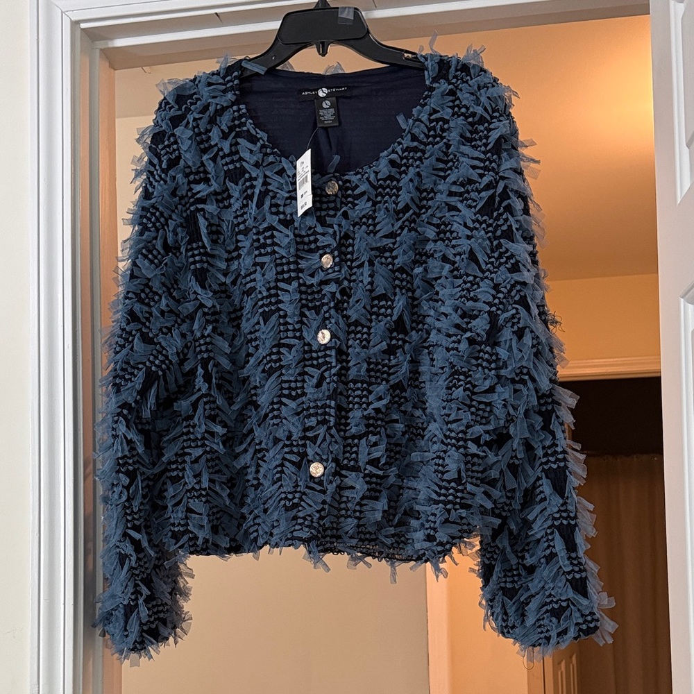 Ashley Stewart Alfani Navy Blue Textured Fringe Button Cardigan